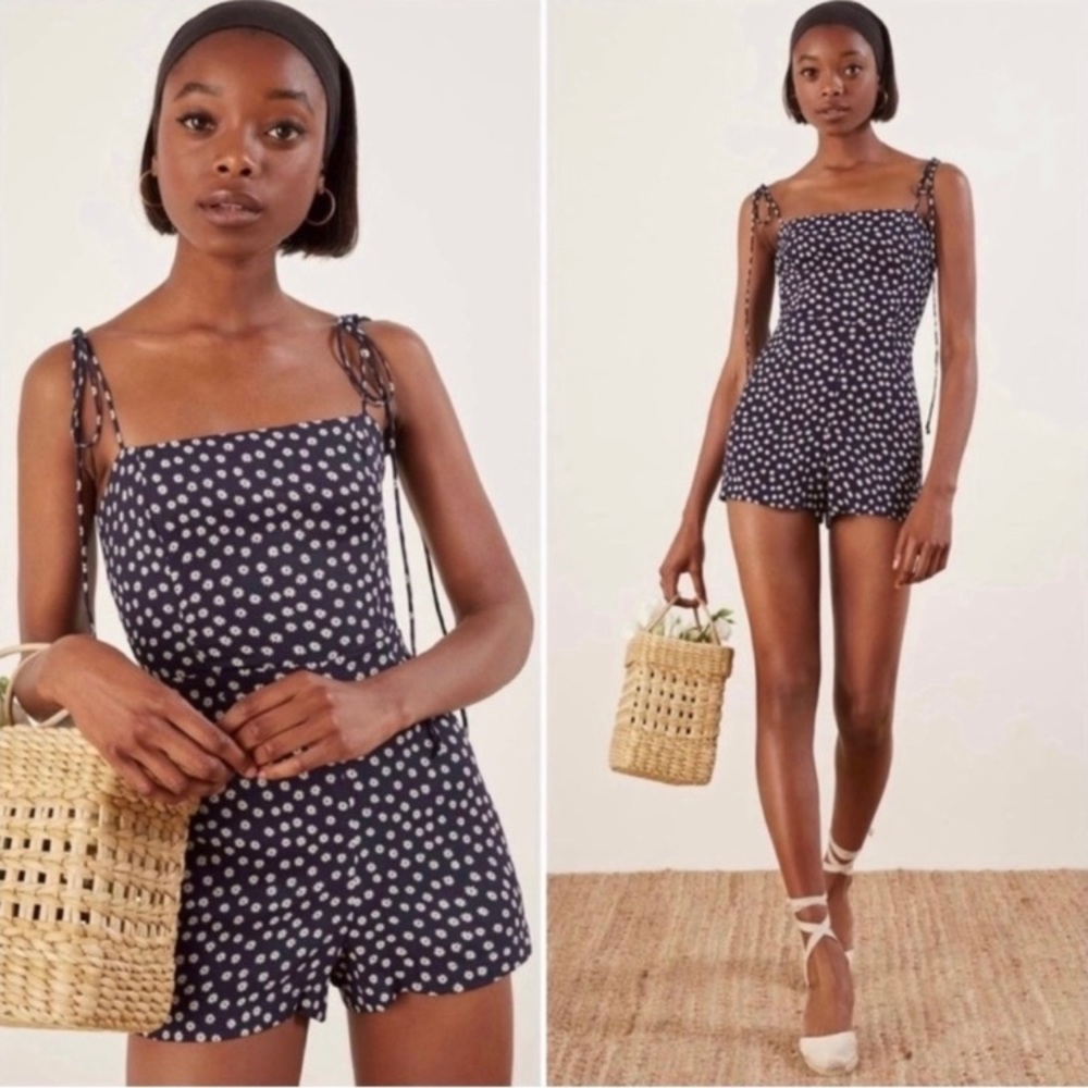 Reformation Navy Polka Dot Romper